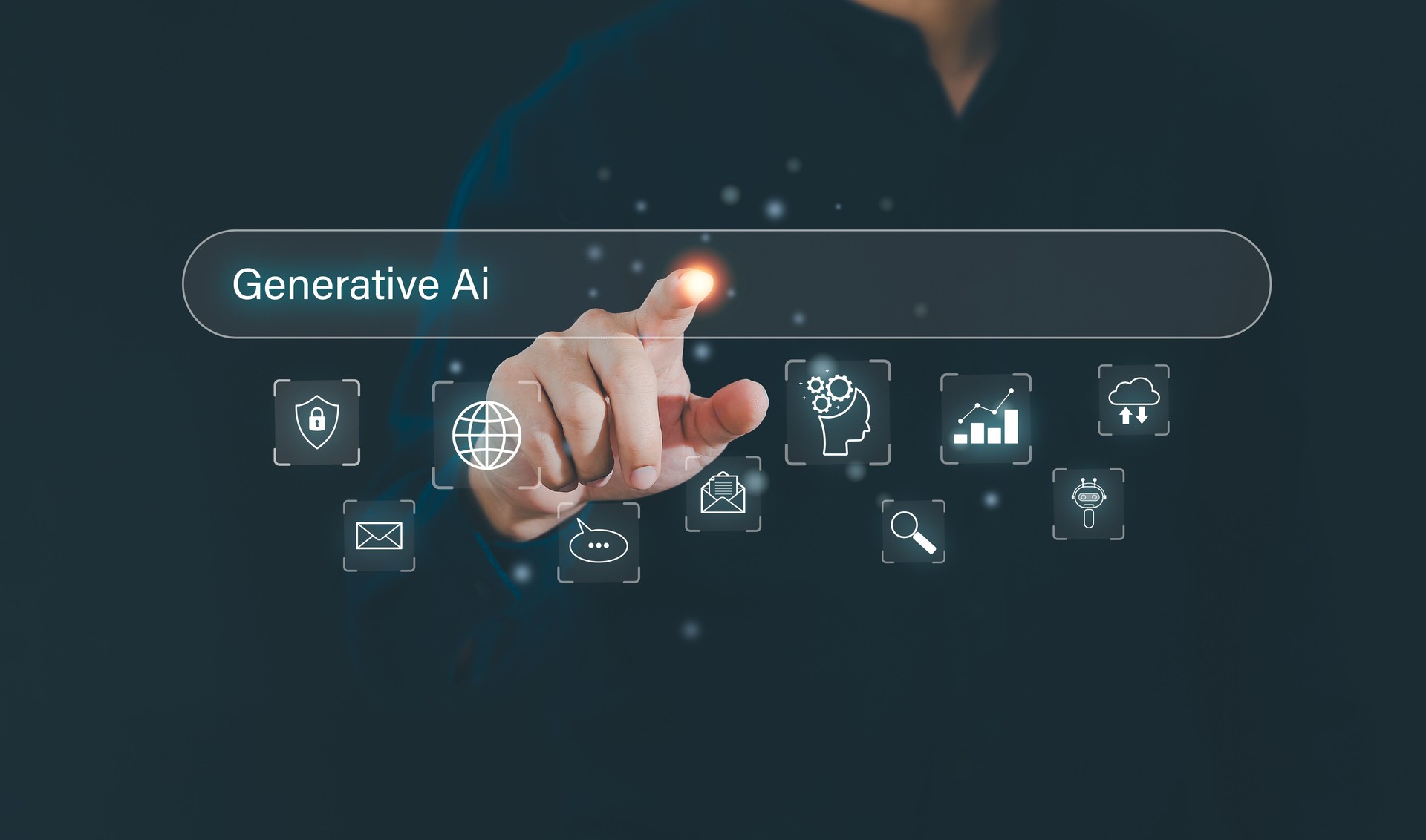 Concept of artificial intelligence (AI) and futuristic digital technology. Man using application to generative AI contents, story, images. Chat with smart robot AI and command prompt input on website